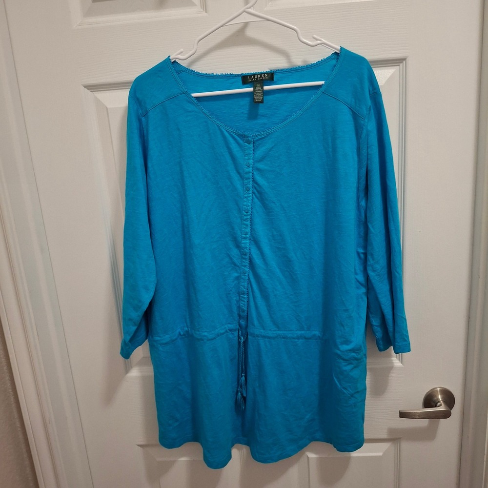 Lauren Ralph Lauren Turquoise Cotton Drawstring‎ Tassel Tunic Top Plus 3X Blue